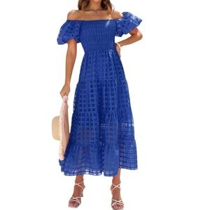 Women's Blue Puffy Short Sleeve Smocked Tiered A-Line Maxi Summer Dress Small